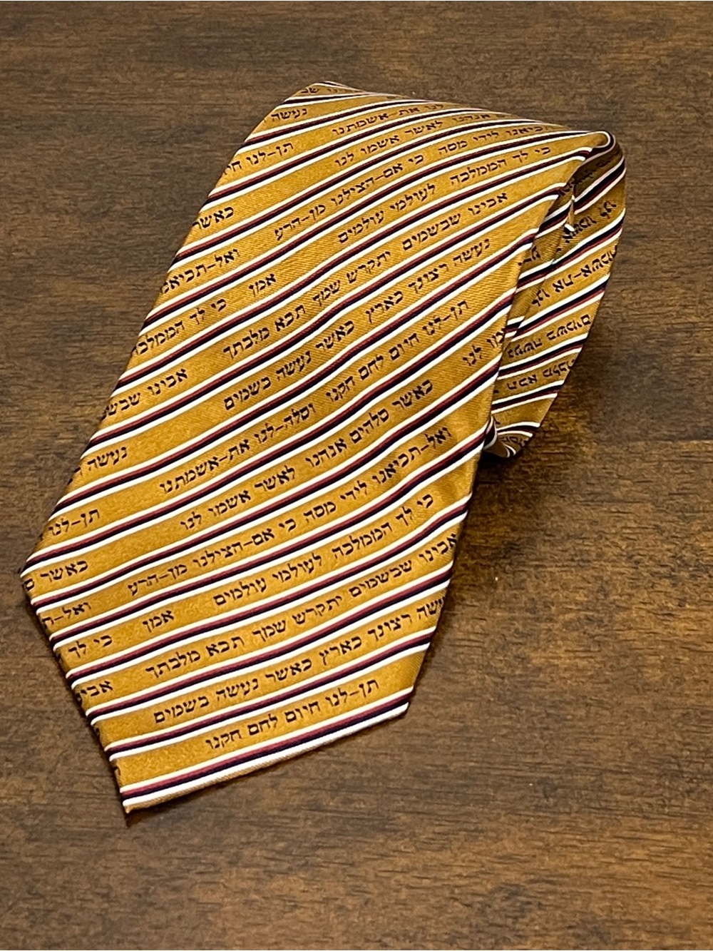 The Lords Prayer in Hebrew Text on Gold & Red Stripe Pattern Men's Silk Tie
